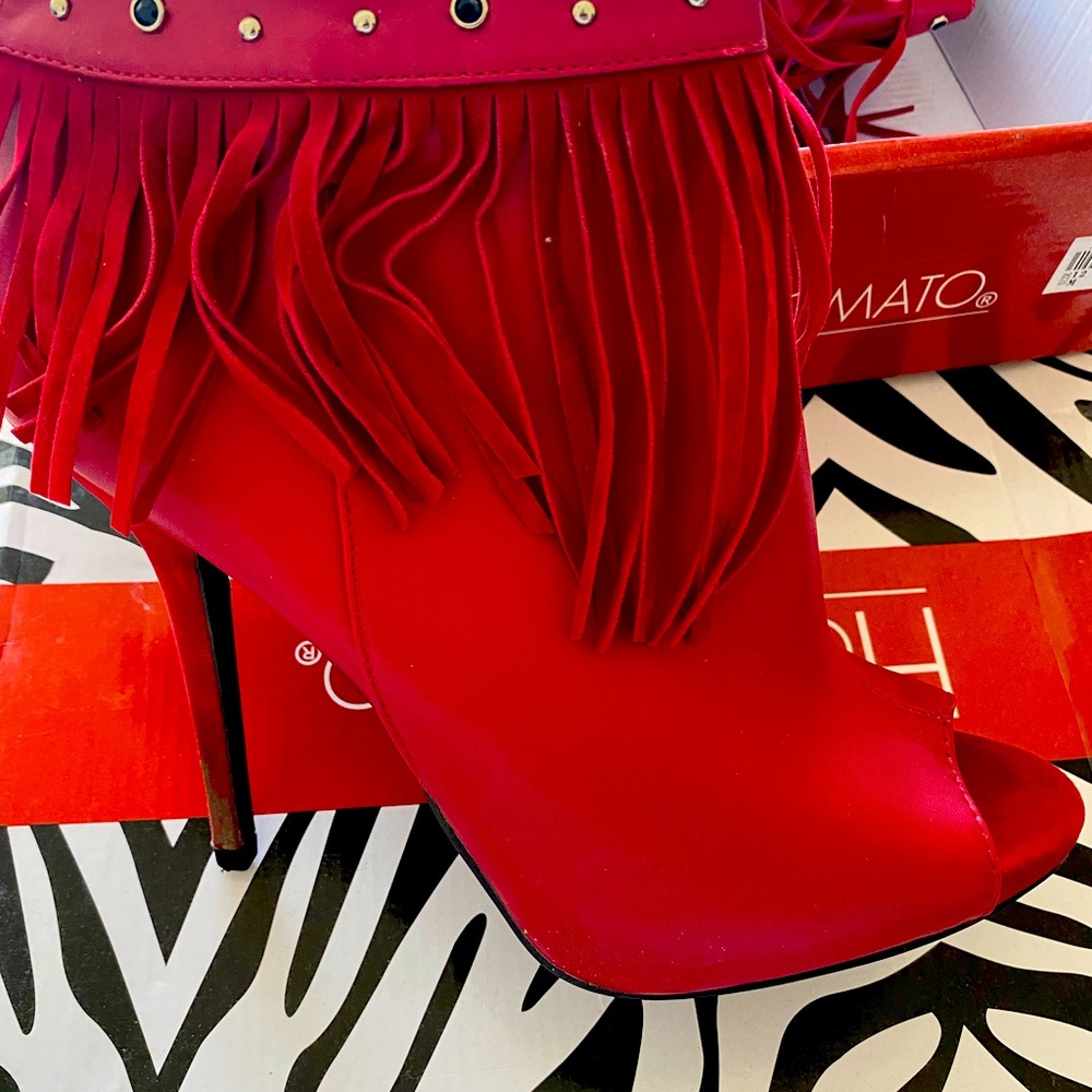 Faux peep toe fringe booties